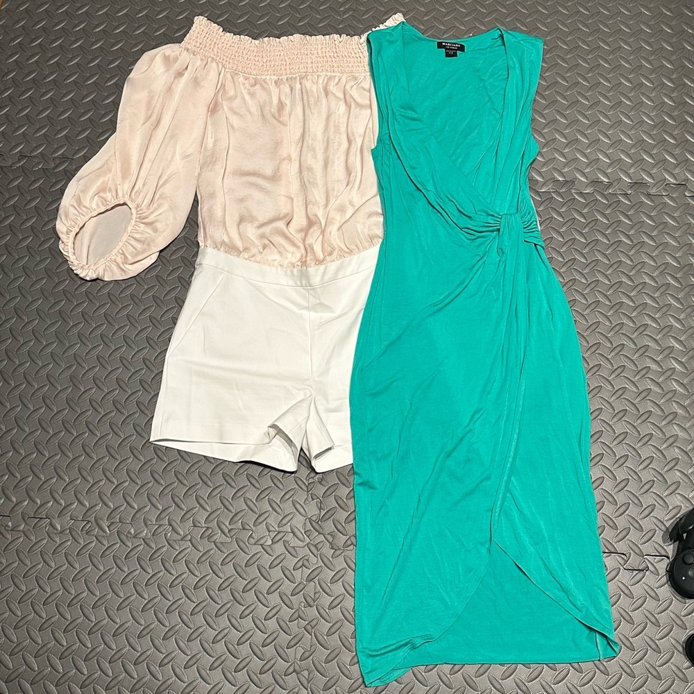 Marciano light pink off the shoulder romper & green stretch maxi dress